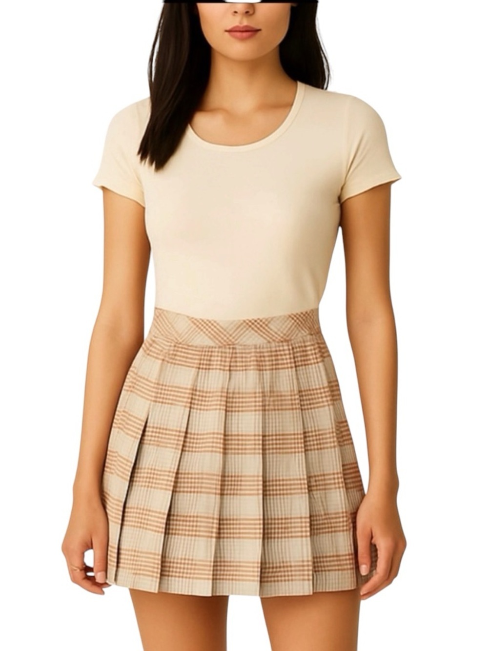 Sunday Best, plaid pleated mini skirt, Size 2, cream/tan/burnt orange, back zip
